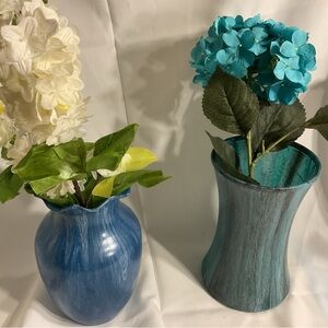 Blue and Teal Decorative Vases with Faux Flowers